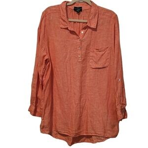 Jones New York Linen Popover Blouse 1X Coral Long Sleeve Button Tunic Lagenlook‎